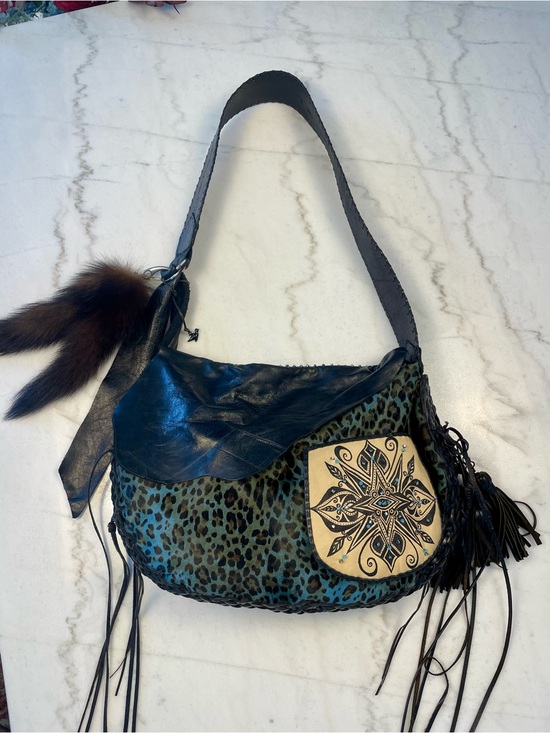 Handbags - Handcrafted Teal Leopard Leather Shoulder Bag with Embossed Pocket